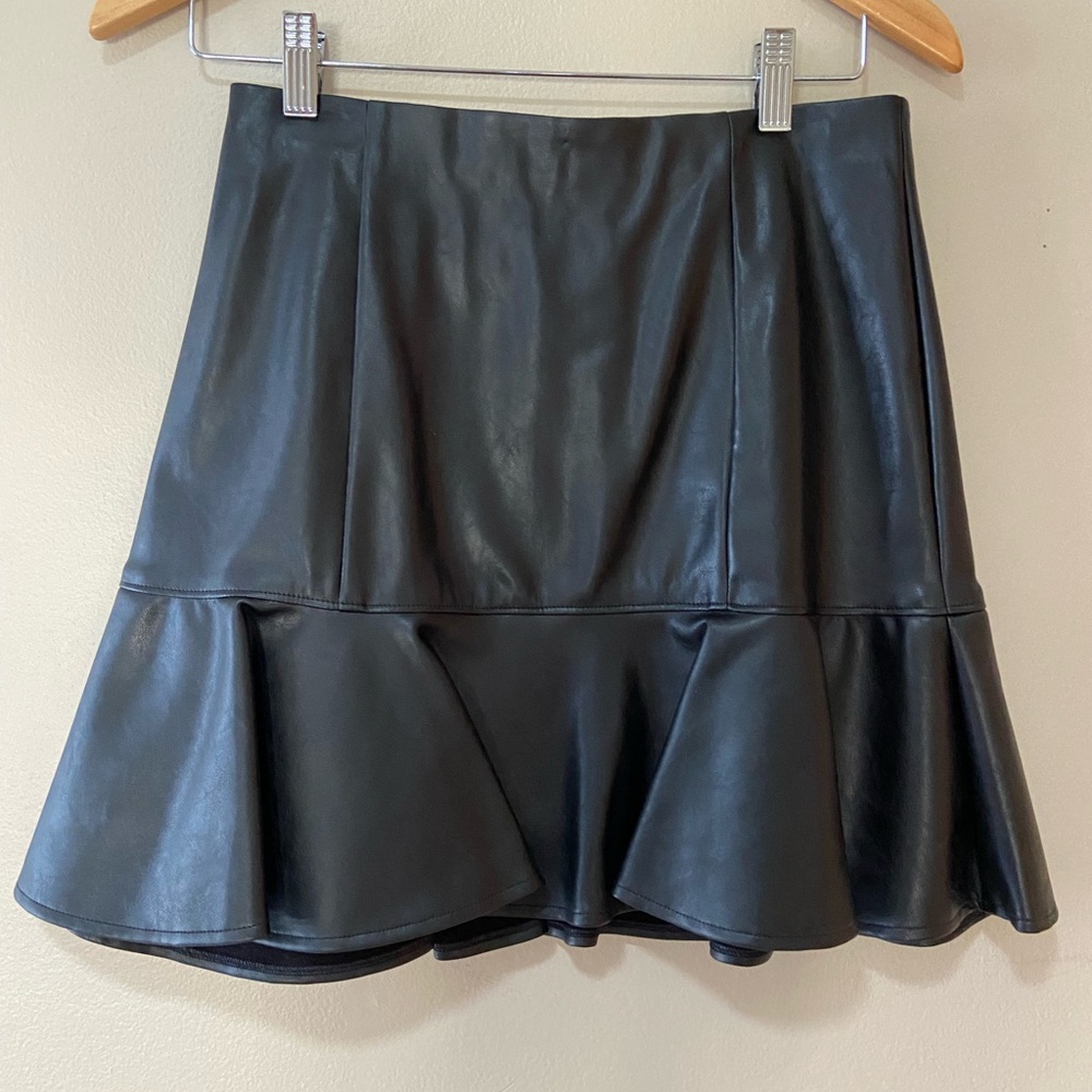 Olivia Culpo black faux leather skater skirt